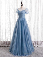 Blue Tulle Short Sleeve Scoop Neck Prom Dress